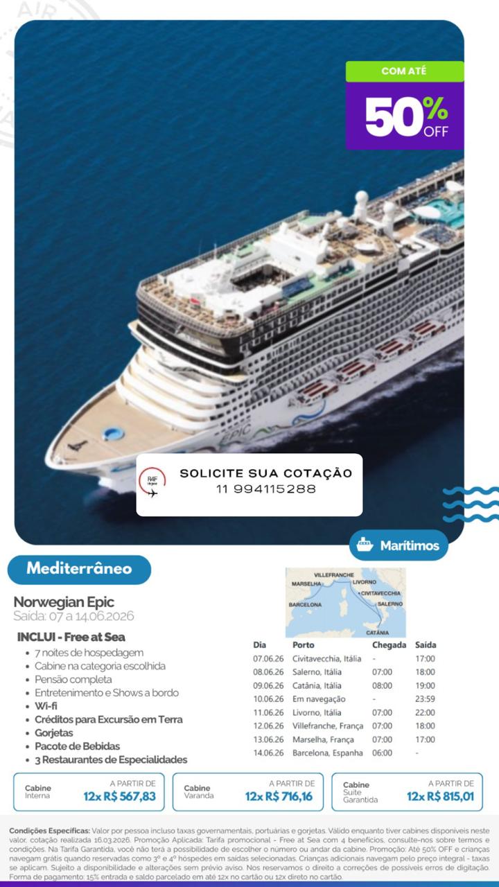 Oferta de cruzeiro publicada pela R4F Viagens